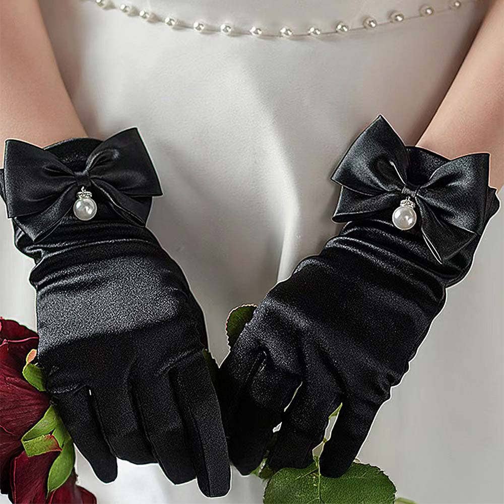 Kurze Satin-Handschuhe mit Perle schwarz – mainstreet Vintage Shop