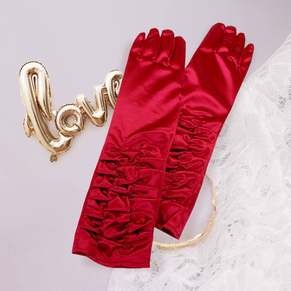 Lange geraffte Satin-Handschuhe dunkelrot – mainstreet Vintage Shop