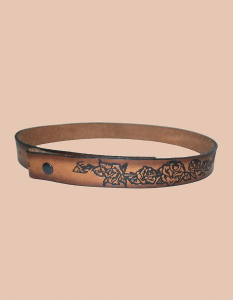 Brown leather belt with rose embossing without buckle - various lengths