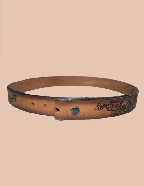 Brown leather belt with rose embossing without buckle - various lengths