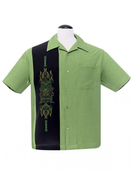 Steady Mens - Shirt Pinstripe Tiki Paneel in Groen / Zwart