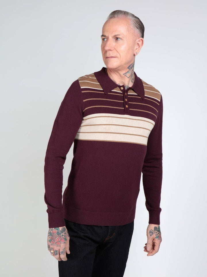 Jo Striped Polo Jumper in burgundy
