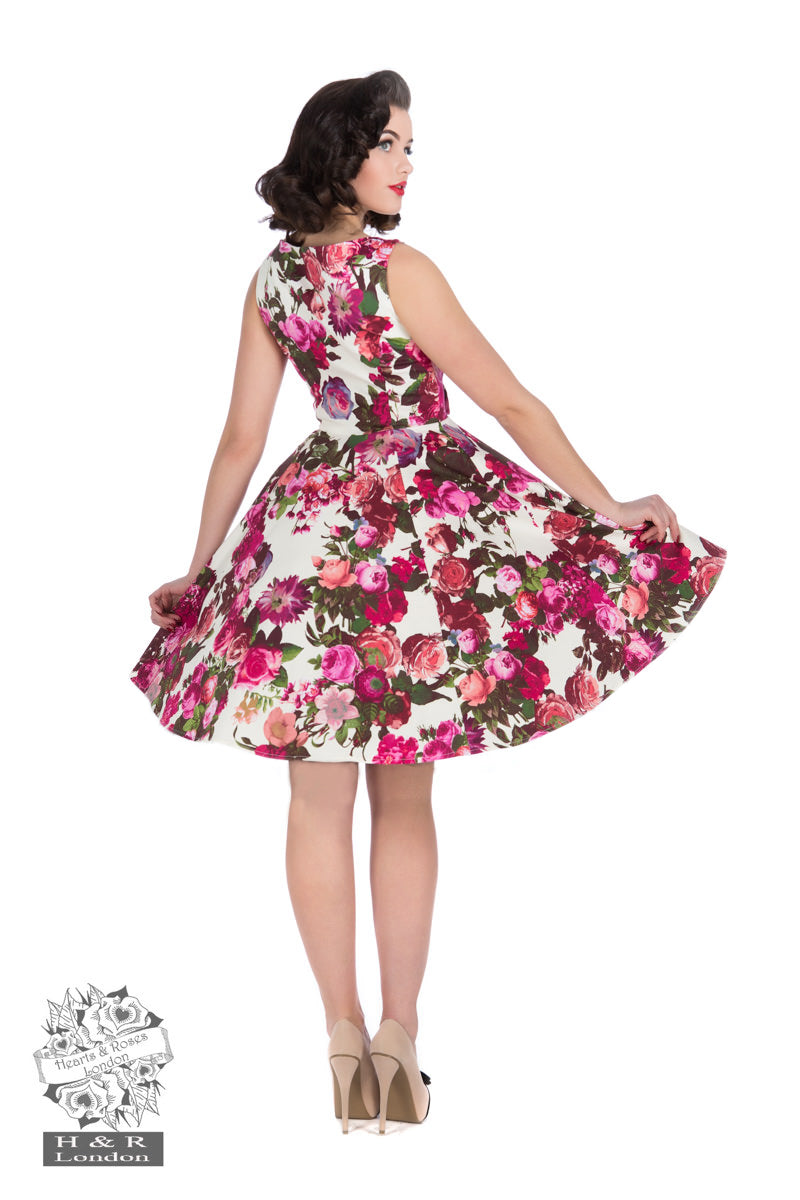 Hearts & Roses - Audrey 50s Floral Swing Dress in Crema