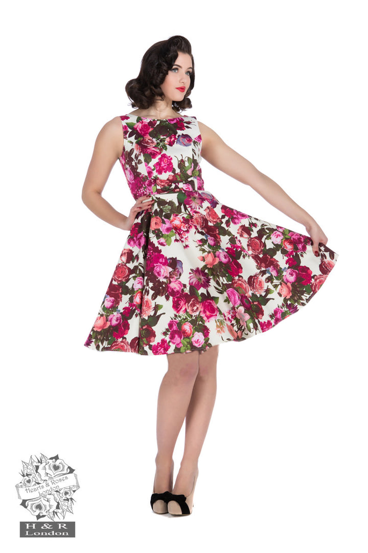 Hearts & Roses - Audrey 50s Floral Swing Dress in Crema
