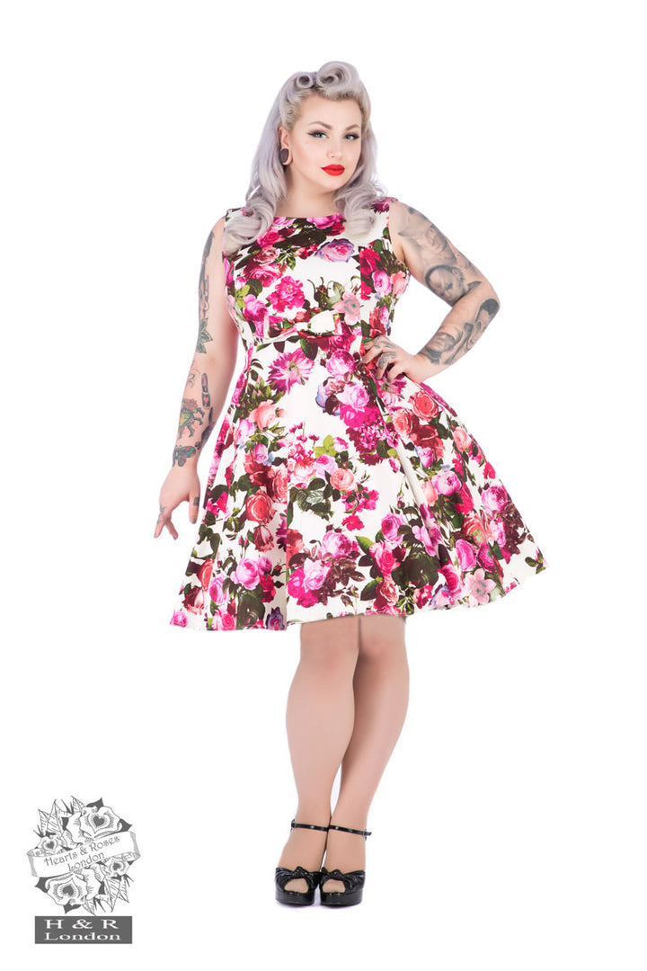 Hearts & Roses - Audrey 50s Floral Swing Dress in Crema