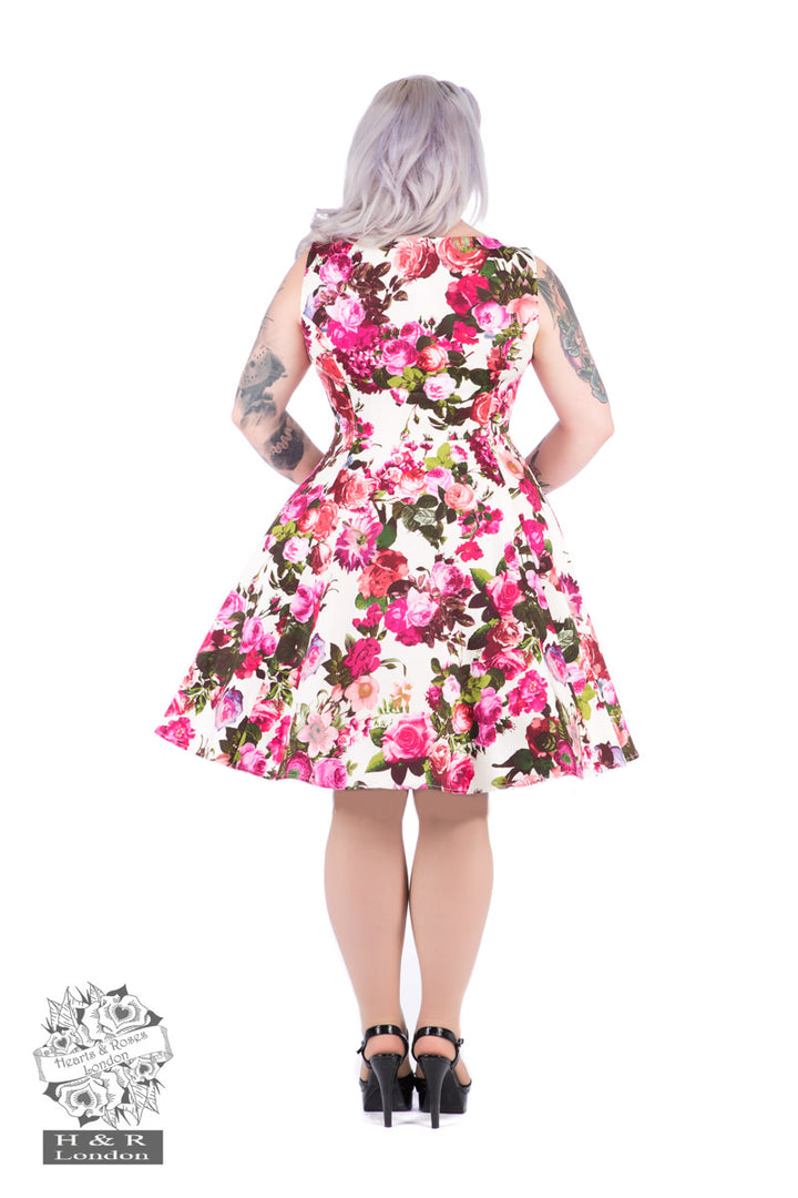 Hearts & Roses - Audrey 50s Floral Swing Dress in Crema