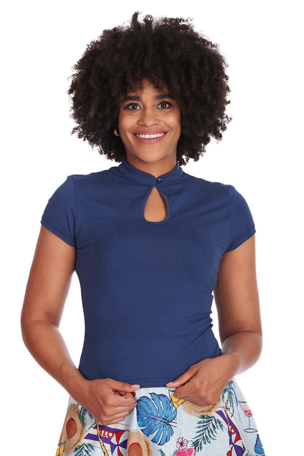 Banned Retro - Mandarin Collar Top in navy