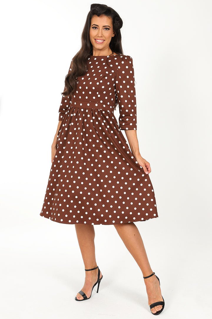 Hearts & Roses - Milana Polka Dot Swing Dress brown