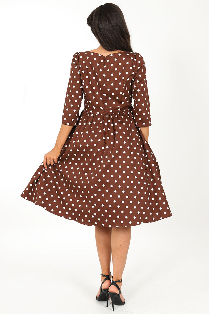 Hearts & Roses - Milana Polka Dot Swing Dress brown