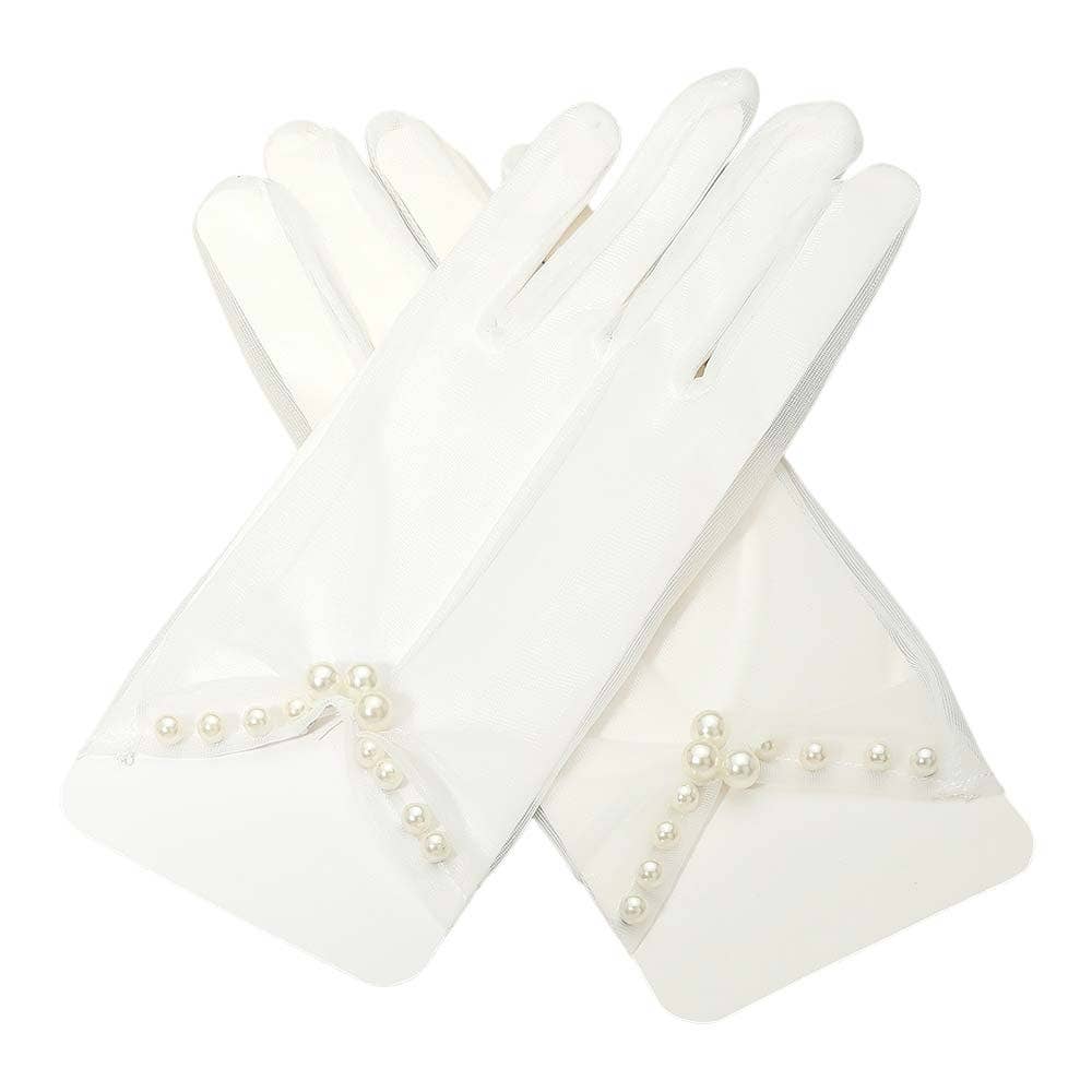 Kurze transparente Handschuhe mit Perlenrand ivory