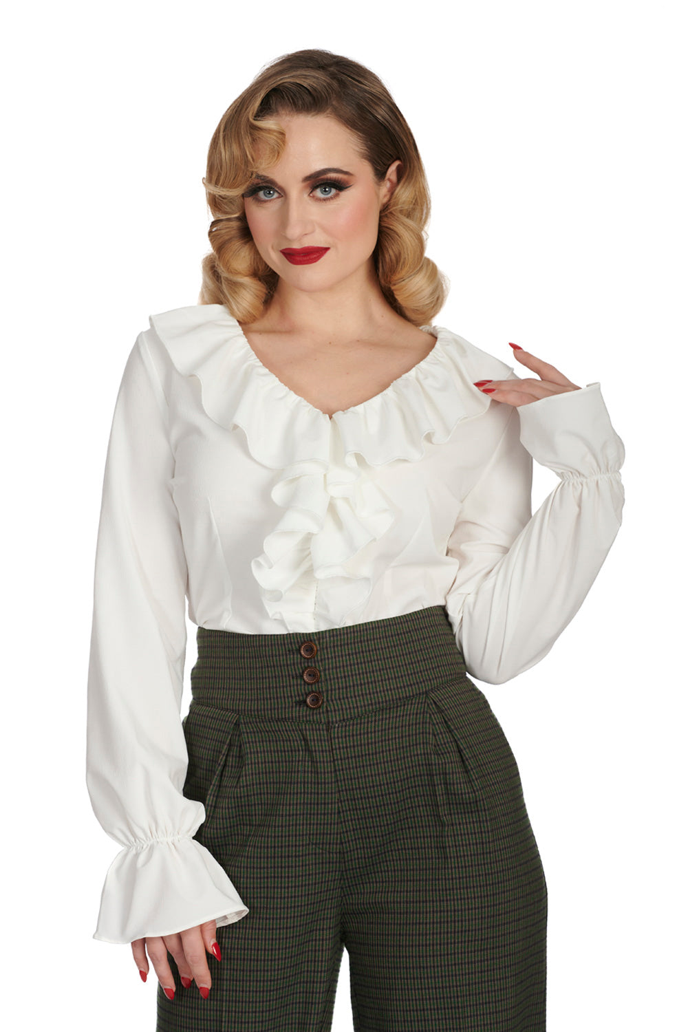 Banned Retro – Feeling Frilly Blouse in cremeweiß