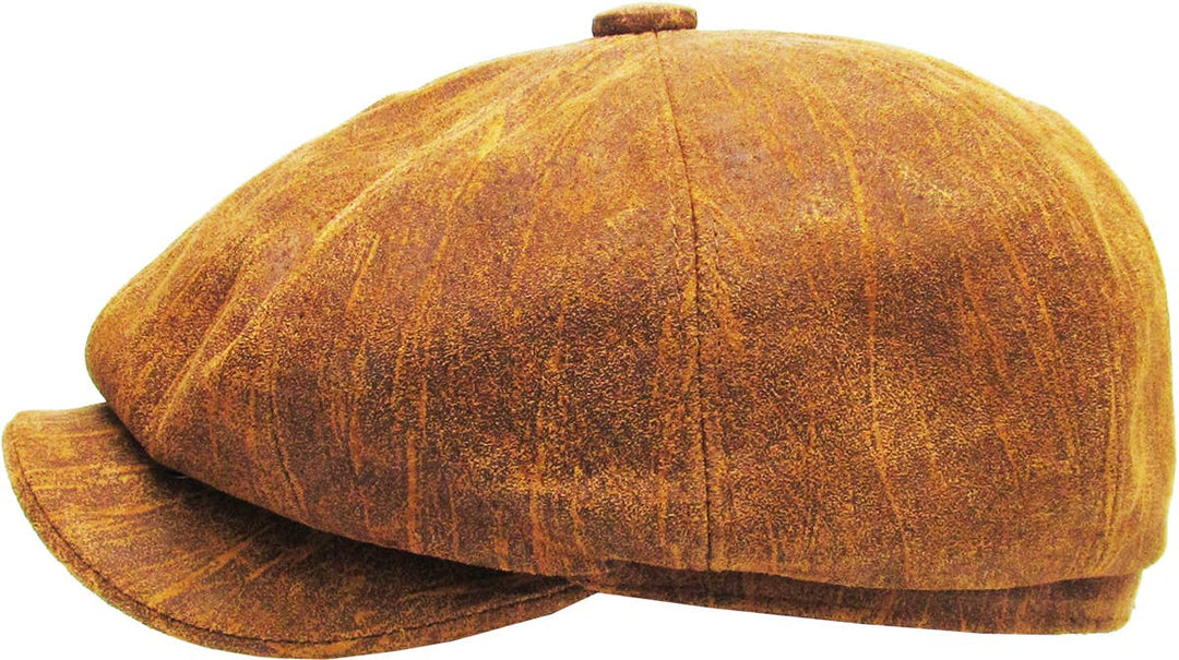 Ascot cap with button placket made of genuine leather, light brown