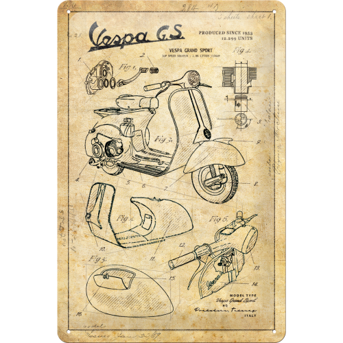 Plaque en métal 20 x 30 cm - Croquis de pièces de Vespa