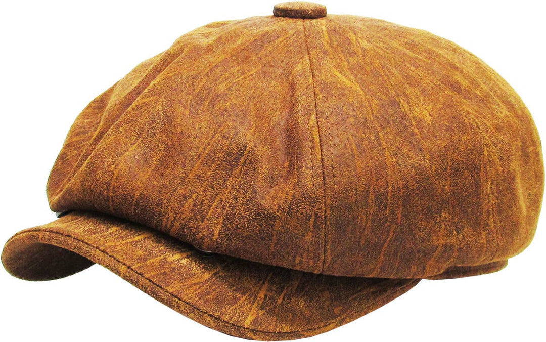 Ascot cap with button placket made of genuine leather, light brown