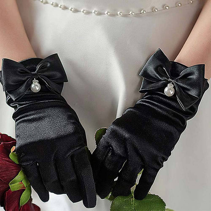 Kurze Satin-Handschuhe mit Perle schwarz