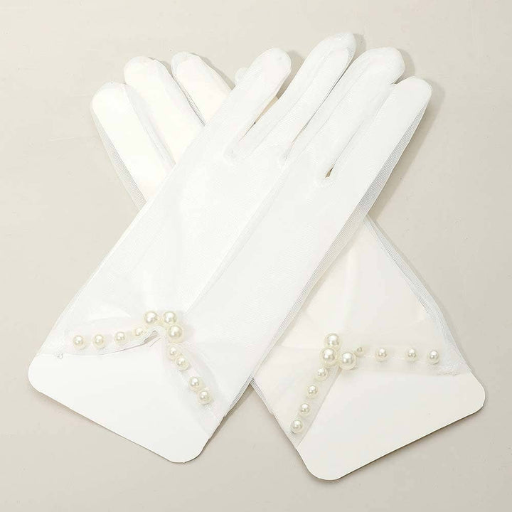 Kurze transparente Handschuhe mit Perlenrand ivory