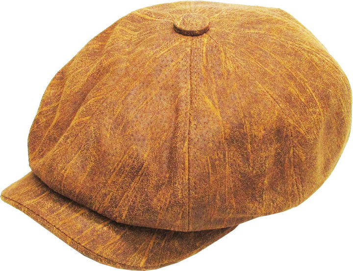 Ascot cap with button placket made of genuine leather, light brown