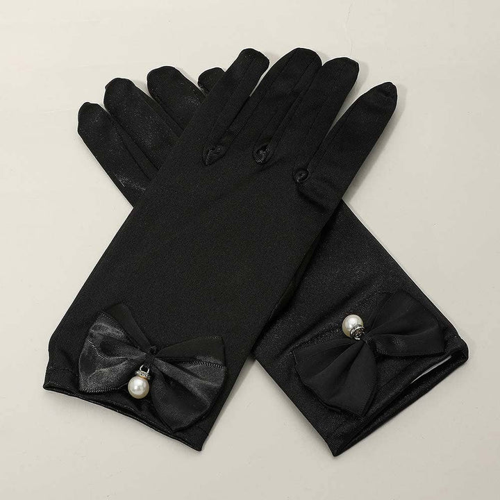 Kurze Satin-Handschuhe mit Perle schwarz