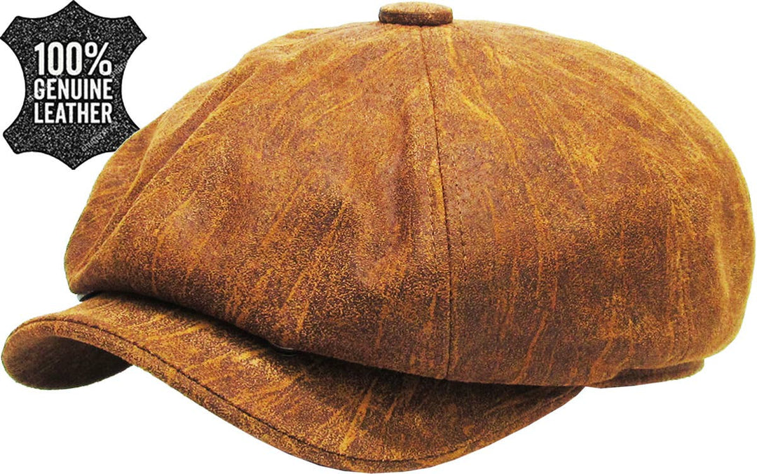 Ascot cap with button placket made of genuine leather, light brown