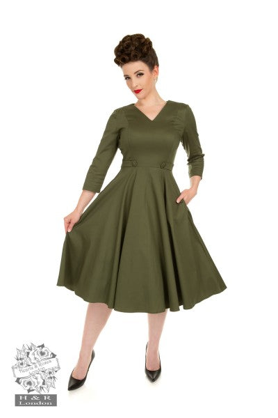 Hearts & Roses - Angelina Khaki Green Swing Dress