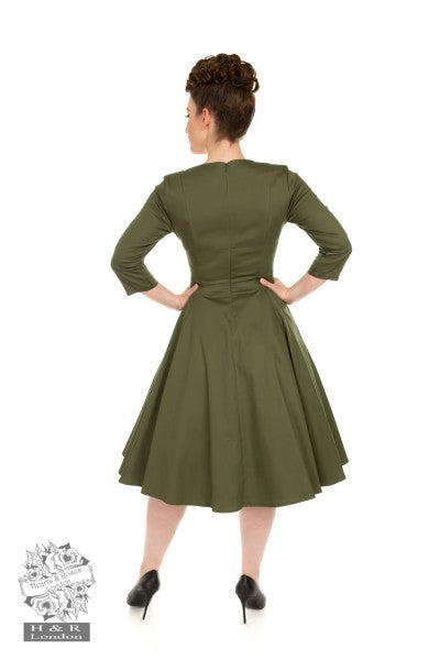 Hearts & Roses - Angelina Khaki Green Swing Dress