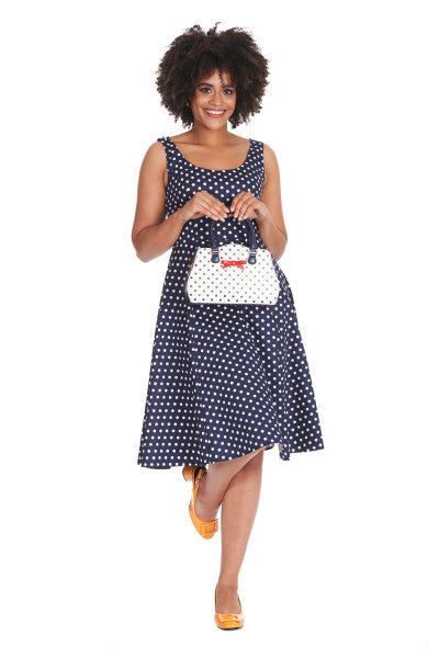 Banned Retro - Dot Days Swing Dress in marineblauw