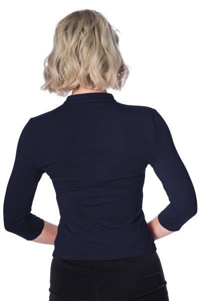 Banned Retro – Peek A Boo Mandarin Collar Top in navy