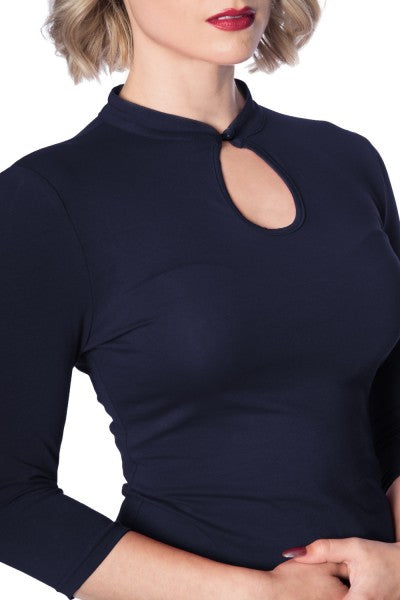 Banned Retro – Peek A Boo Mandarin Collar Top in navy