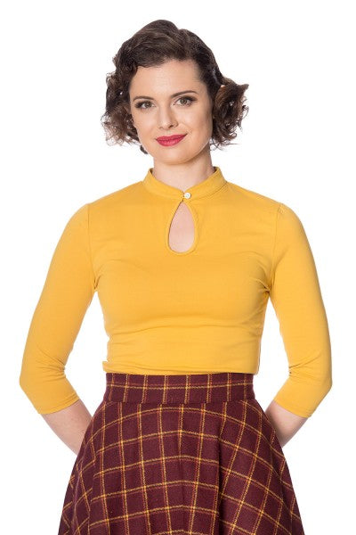 Banned Retro – Peek A Boo Mandarin Collar Top in mustard yellow