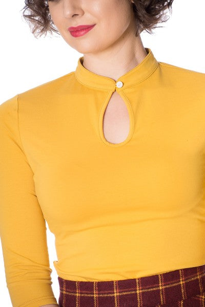 Banned Retro – Peek A Boo Mandarin Collar Top in mustard yellow