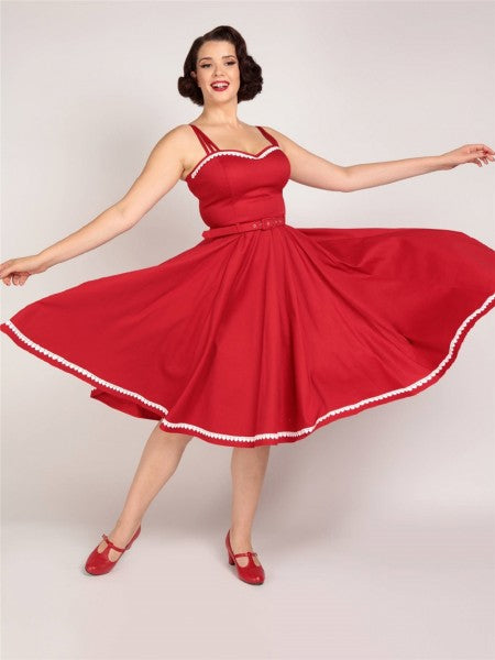 Collectif Damesmode - Nova Heart Trim Swing Dress in rood