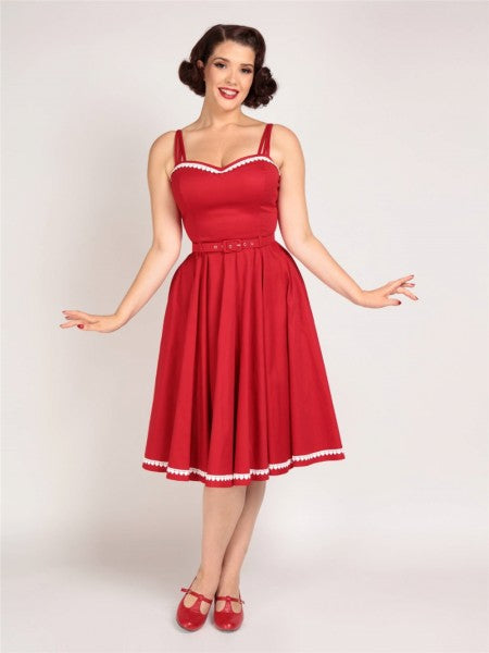 Collectif Womenswear - Vestido de corte en A Nova Heart Trim en rojo