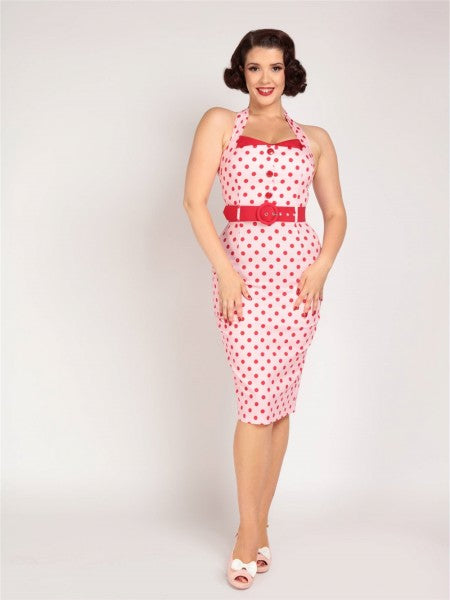 Collectif Womenswear - Wanda Polka Dot Pencil Dress in rosa / rot