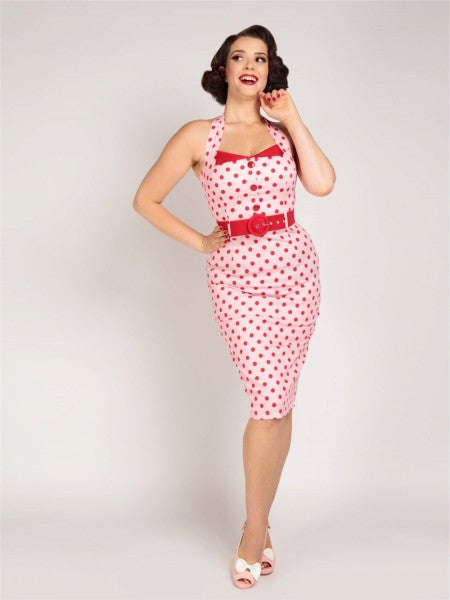 Collectif Womenswear - Wanda Polka Dot Pencil Dress in rosa / rosso