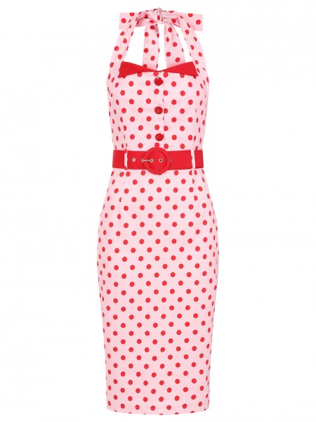 Collectif Womenswear - Wanda Polka Dot Pencil Dress in rosa / rot