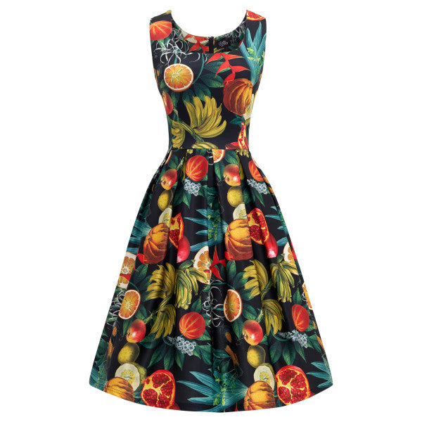 Dolly & Dotty - Amanda Black Tropical Fruits Pleated Dress