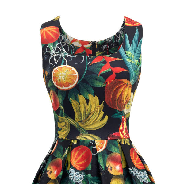 Dolly & Dotty - Vestito Plissettato Amanda Nero Frutti Tropicali