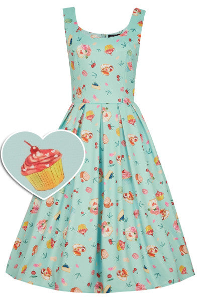 Dolly & Dotty - Robe de thé de l'après-midi Amanda des années 50 en imprimé gâteau bleu