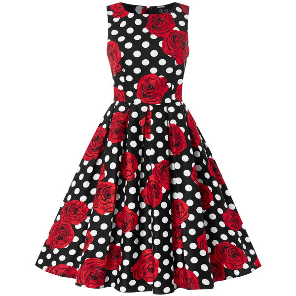 Dolly & Dotty - Vestito Swing Retro Annie in Polka Nera con Rose