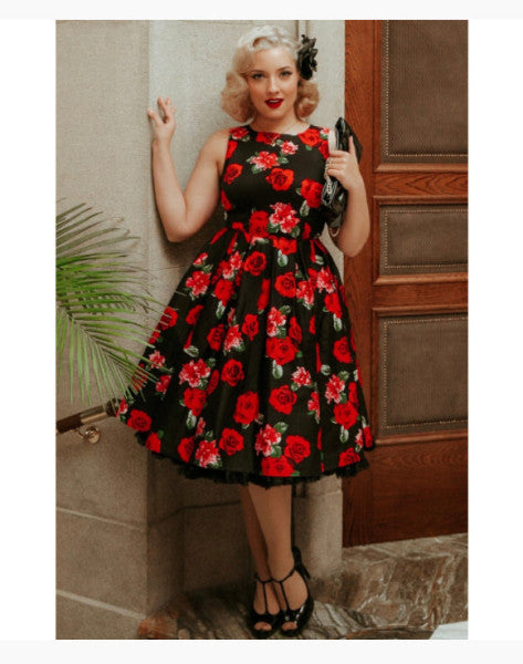 Dolly & Dotty - Vestito a Swing Annie Nero e Rosso con Rose