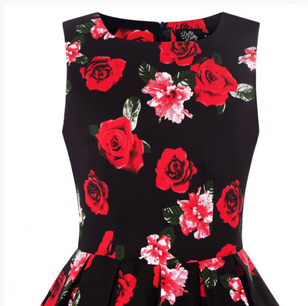 Dolly & Dotty - Vestito a Swing Annie Nero e Rosso con Rose