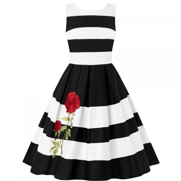 Dolly & Dotty - Annie Retro Embroidered Stripe Swing Dress in schwarz / weiss