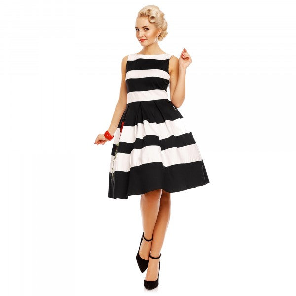 Dolly & Dotty - Annie Retro Embroidered Stripe Swing Dress in schwarz / weiss