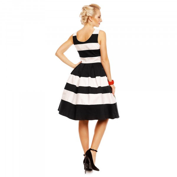 Dolly & Dotty - Vestito a Swing a Strisce Ricamato Retro Annie in nero / bianco