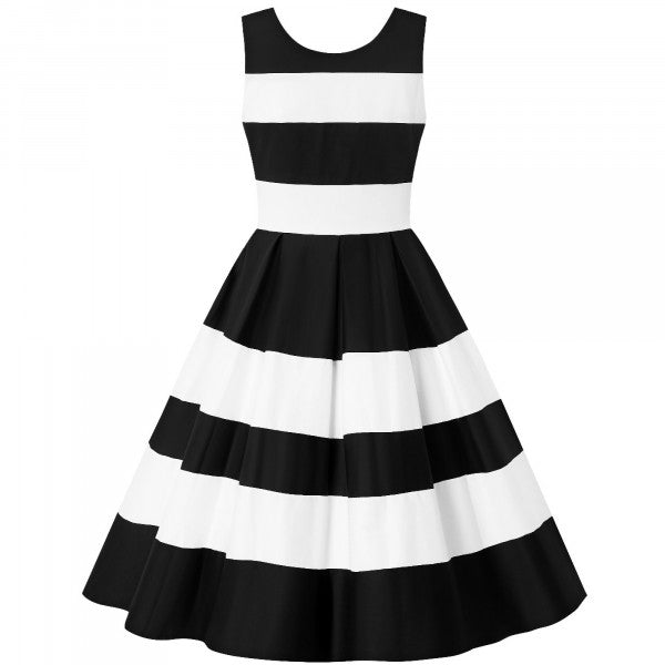 Dolly & Dotty - Annie Retro Embroidered Stripe Swing Dress in black / white