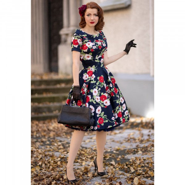 Dolly & Dotty - Darlene Marineblauwe Retro Bloemen Rozen Swing Jurk