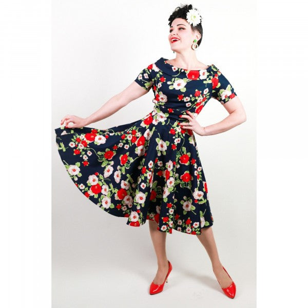 Dolly & Dotty - Abito a Swing Retro con Fiori di Rosa Darlene Blu Navy