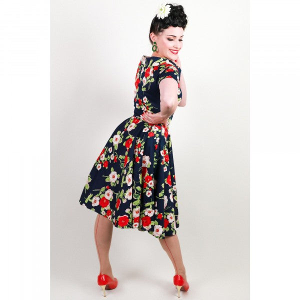 Dolly & Dotty - Abito a Swing Retro con Fiori di Rosa Darlene Blu Navy