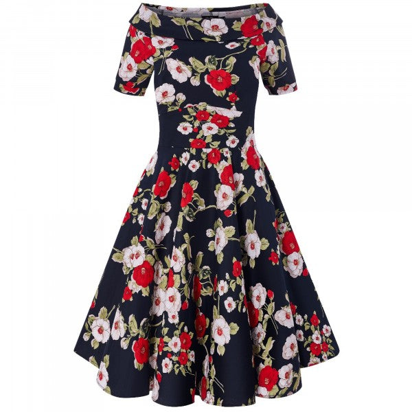 Dolly & Dotty - Darlene Navy Blue Retro Floral Roses Swing Dress