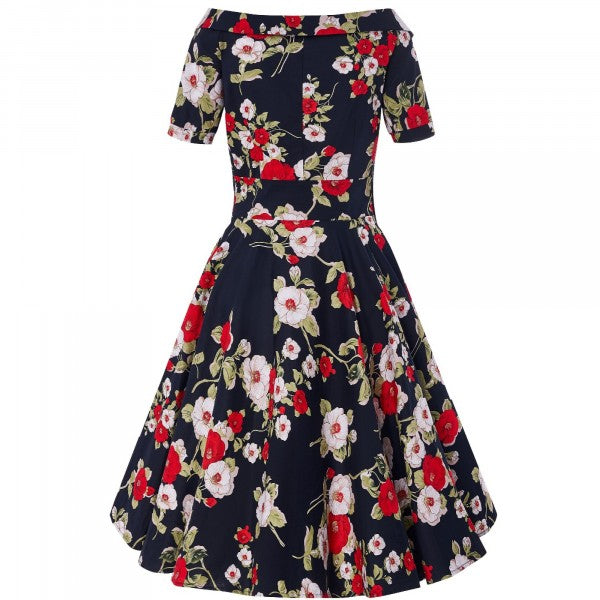 Dolly & Dotty - Vestido de Swing Retro Floral de Rosas Darlene Azul Marino